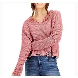 Planet Gold Women's Deconstructed Chenille Sweater Rose Small Knit V-Neck Top